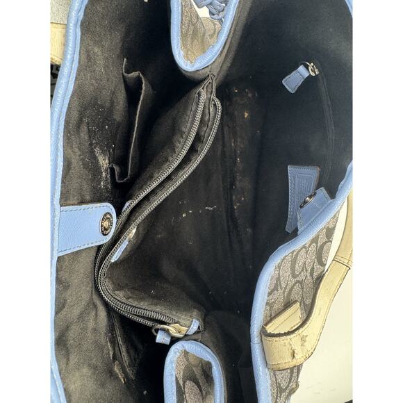 Coach Signature Tote Brown With Blue Trim - Wear On Handles - Picture 6 of 11